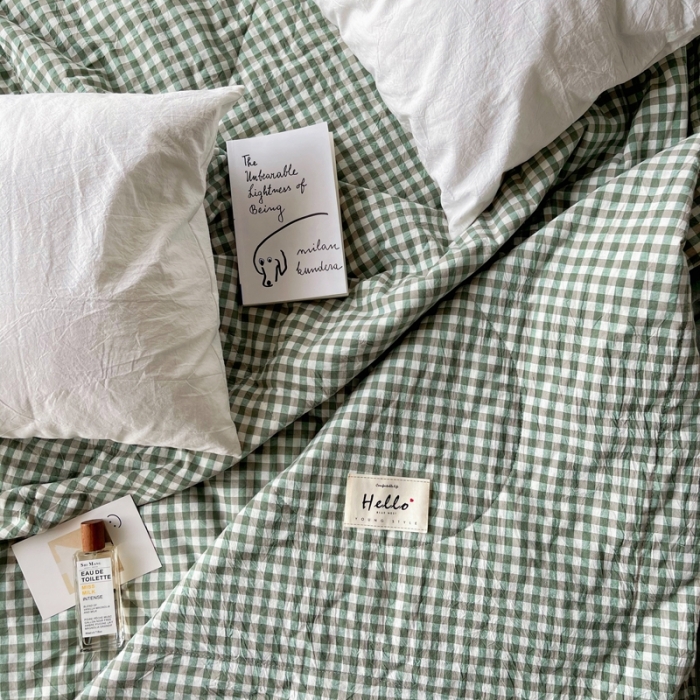 91家纺网 家纺一手货源 找家纺 尚品本色 2023新款水洗棉夏被 草绿小格