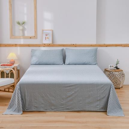91家纺网 家纺一手货源 找家纺 恋人优选 2023新款纯棉水洗单床单 浅蓝小格