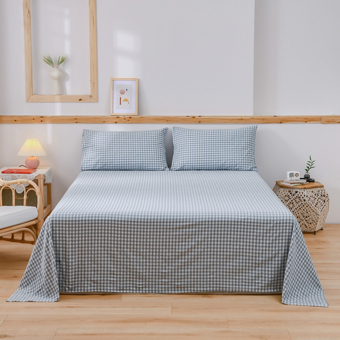 91家纺网 家纺一手货源 找家纺 恋人优选 2023新款纯棉水洗单床单 浅蓝小格
