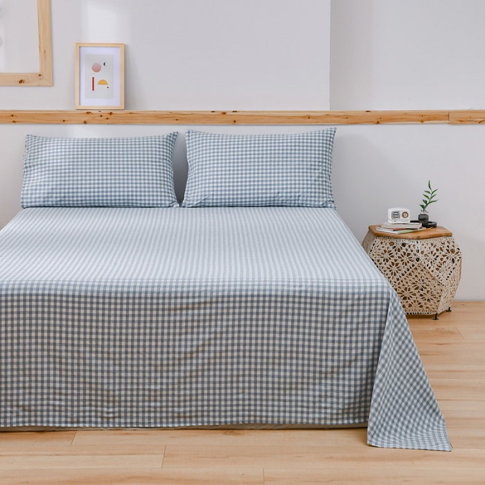 91家纺网 家纺一手货源 找家纺 恋人优选 2023新款纯棉水洗单床单 浅蓝小格