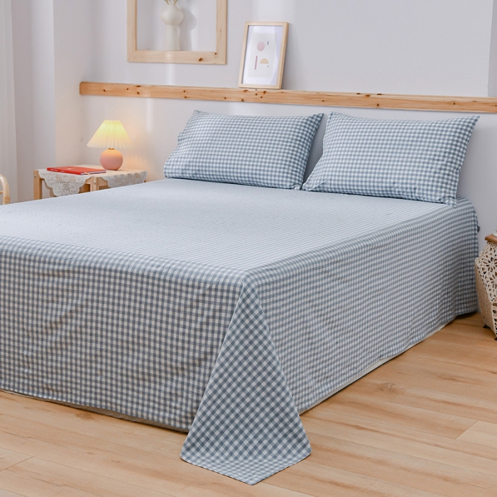 91家纺网 家纺一手货源 找家纺 恋人优选 2023新款纯棉水洗单床单 浅蓝小格