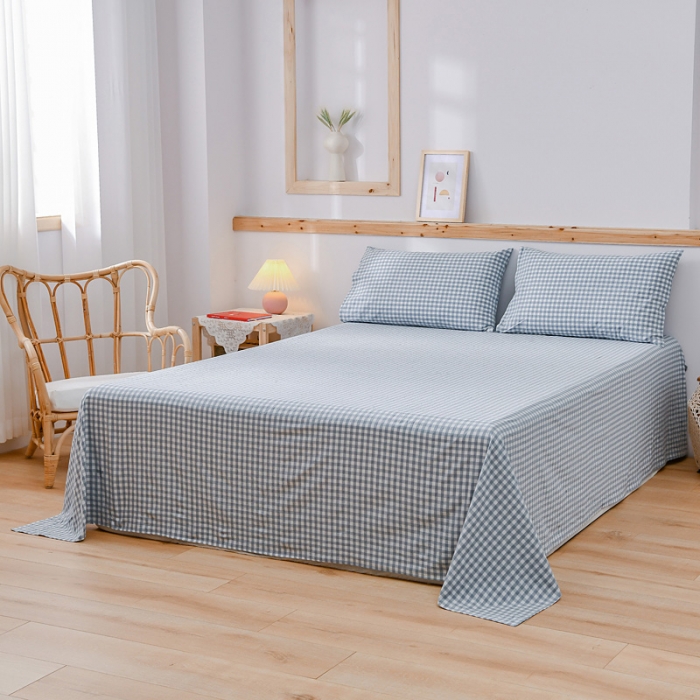 91家纺网 家纺一手货源 找家纺 恋人优选 2023新款纯棉水洗单床单 浅蓝小格