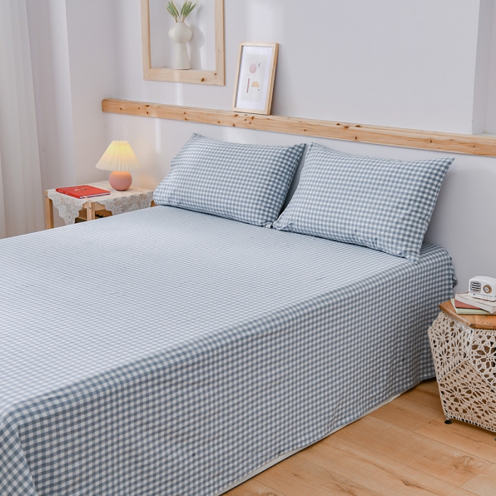 91家纺网 家纺一手货源 找家纺 恋人优选 2023新款纯棉水洗单床单 浅蓝小格