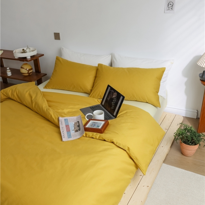 91家纺网 家纺一手货源 找家纺 棉眠 2021新款全棉纯色撞色新款四件套-棚拍图姜黄+小鸡黄