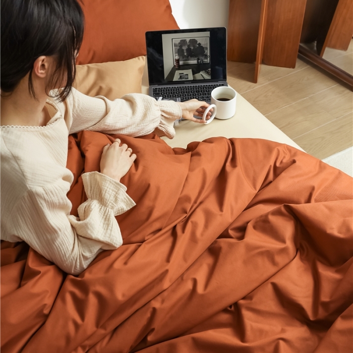 91家纺网 家纺一手货源 找家纺 棉眠 2021新款全棉纯色撞色新款四件套-棚拍图 焦糖杏仁