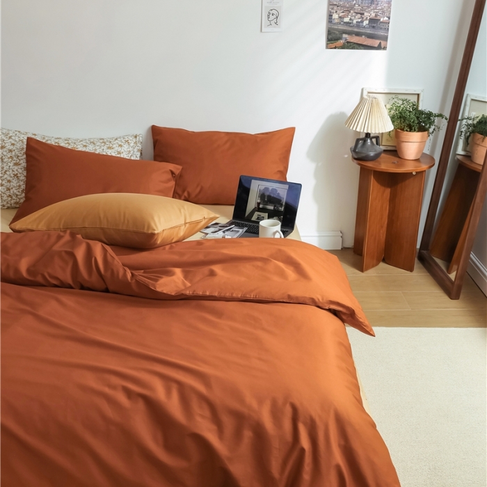 91家纺网 家纺一手货源 找家纺 棉眠 2021新款全棉纯色撞色新款四件套-棚拍图 焦糖杏仁