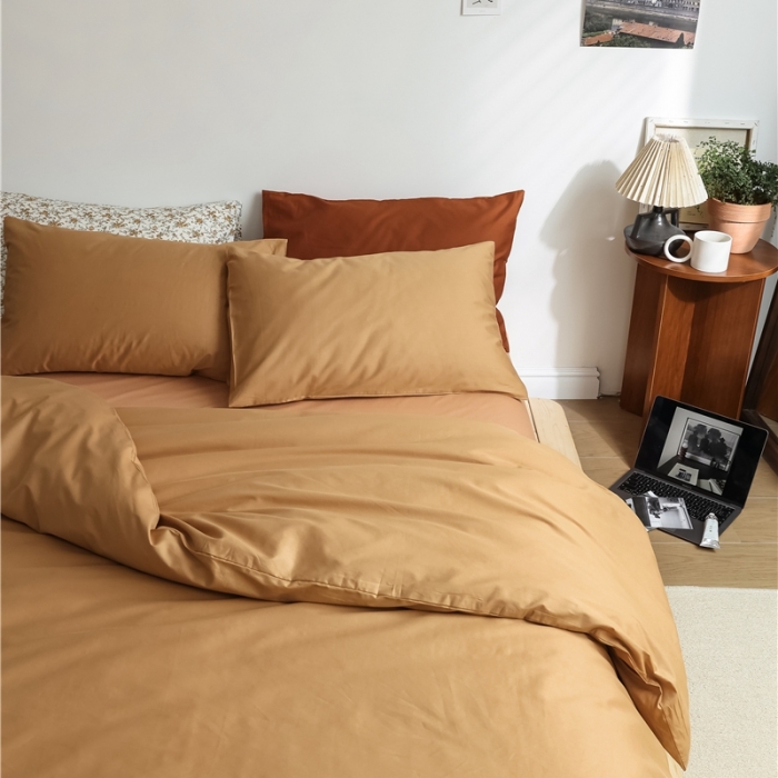 91家纺网 家纺一手货源 找家纺 棉眠 2021新款全棉纯色撞色新款四件套-棚拍图 咖啡奶茶