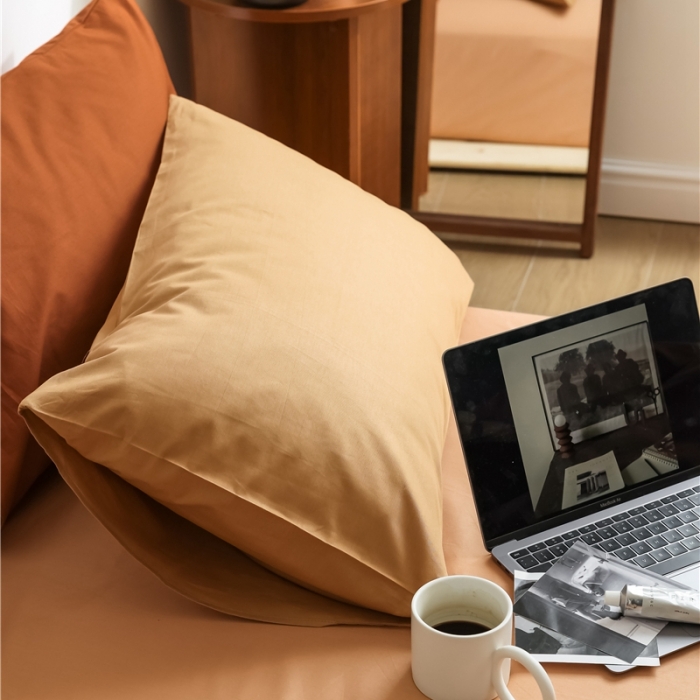 91家纺网 家纺一手货源 找家纺 棉眠 2021新款全棉纯色撞色新款四件套-棚拍图 咖啡奶茶