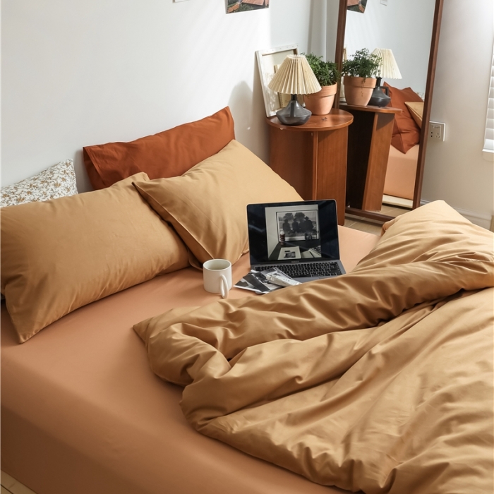 91家纺网 家纺一手货源 找家纺 棉眠 2021新款全棉纯色撞色新款四件套-棚拍图 咖啡奶茶