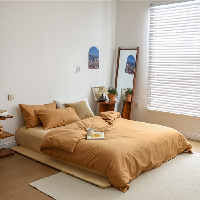 91家纺网 家纺一手货源 找家纺 棉眠 2021新款全棉纯色撞色新款四件套-棚拍图 咖啡杏仁