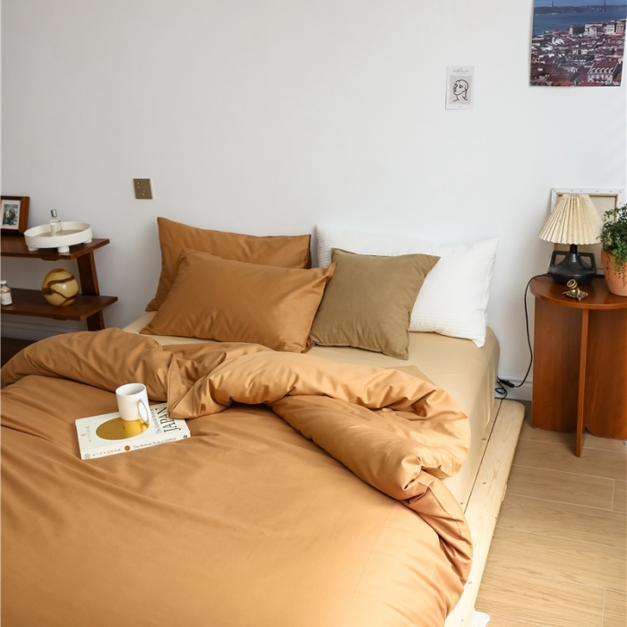 91家纺网 家纺一手货源 找家纺 棉眠 2021新款全棉纯色撞色新款四件套-棚拍图 咖啡杏仁