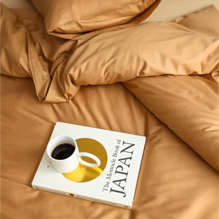 91家纺网 家纺一手货源 找家纺 棉眠 2021新款全棉纯色撞色新款四件套-棚拍图 咖啡杏仁