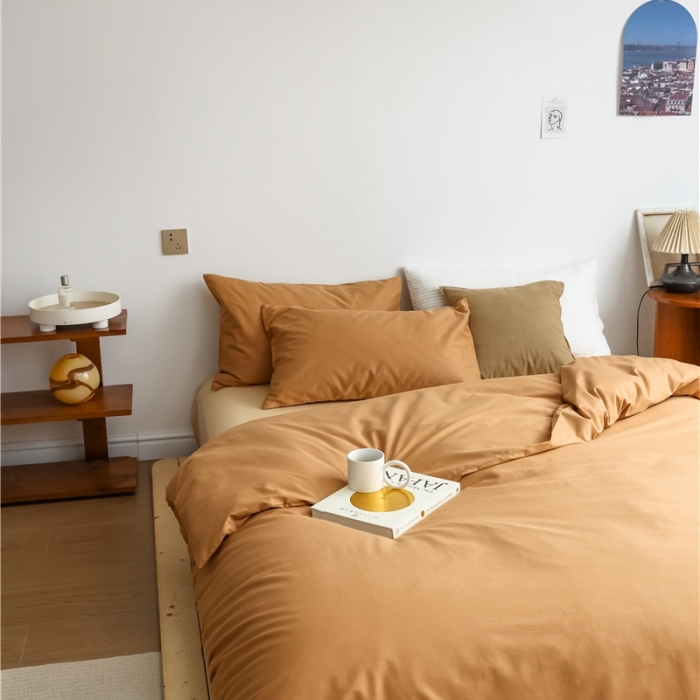 91家纺网 家纺一手货源 找家纺 棉眠 2021新款全棉纯色撞色新款四件套-棚拍图 咖啡杏仁