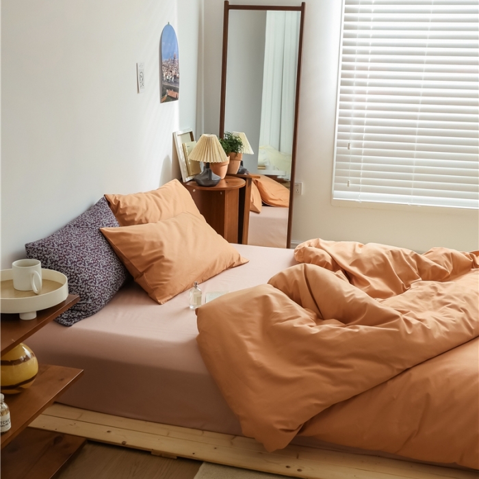 91家纺网 家纺一手货源 找家纺 棉眠 2021新款全棉纯色撞色新款四件套-棚拍图 奶茶粉