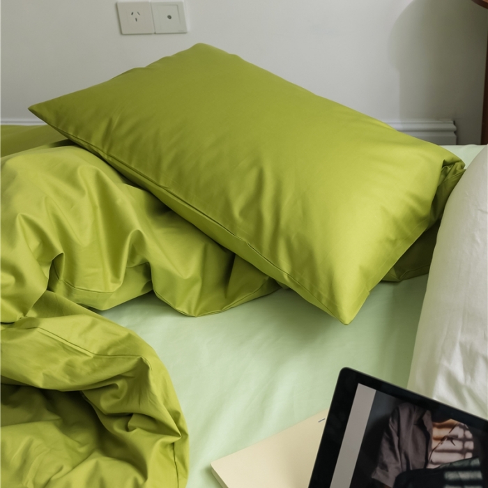 91家纺网 家纺一手货源 找家纺 棉眠2021新款全棉纯色撞色新款四件套棚拍图牛油果绿+青草绿