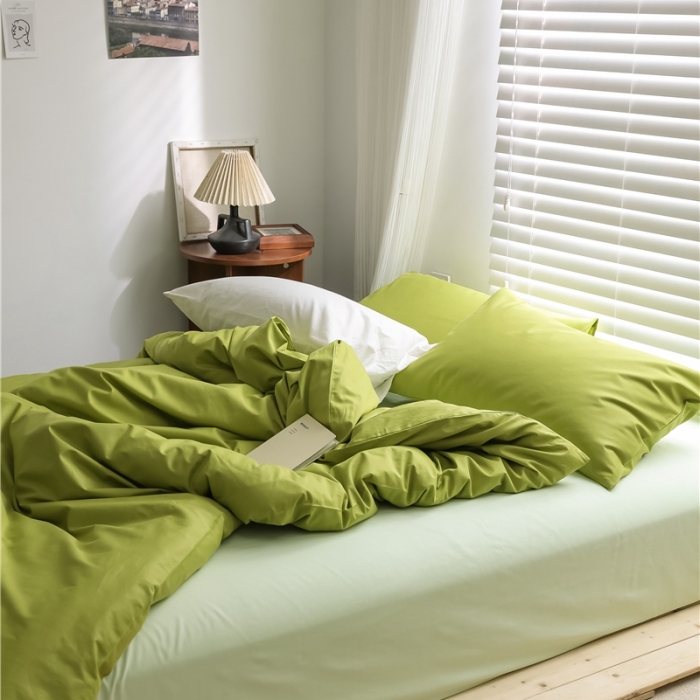 91家纺网 家纺一手货源 找家纺 棉眠2021新款全棉纯色撞色新款四件套棚拍图牛油果绿+青草绿