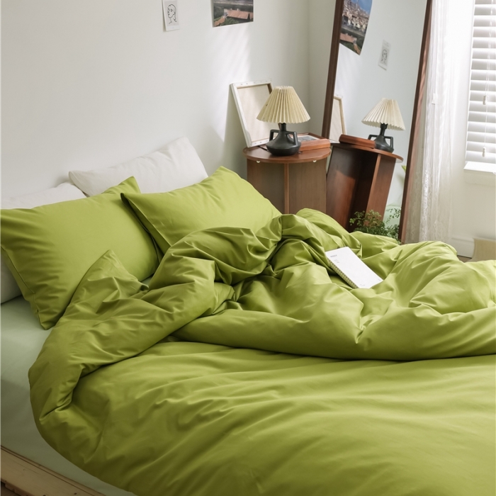 91家纺网 家纺一手货源 找家纺 棉眠2021新款全棉纯色撞色新款四件套棚拍图牛油果绿+青草绿