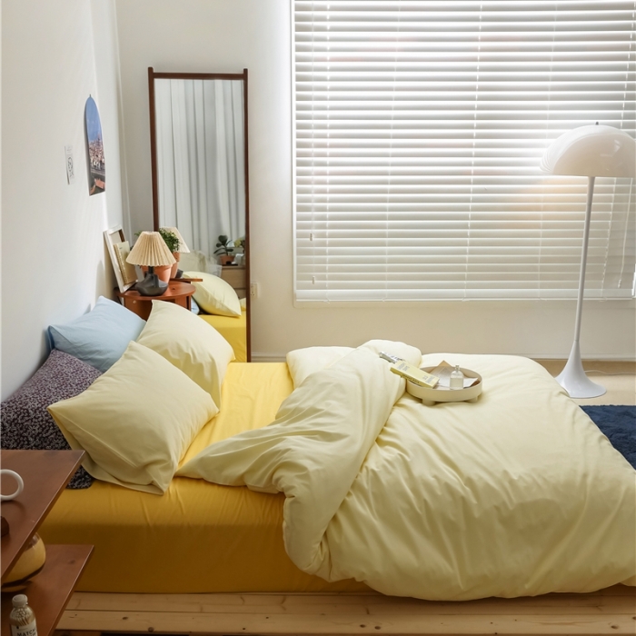 91家纺网 家纺一手货源 找家纺 棉眠 2021新款全棉纯色撞色新款四件套-棚拍图小鸡黄+亮黄