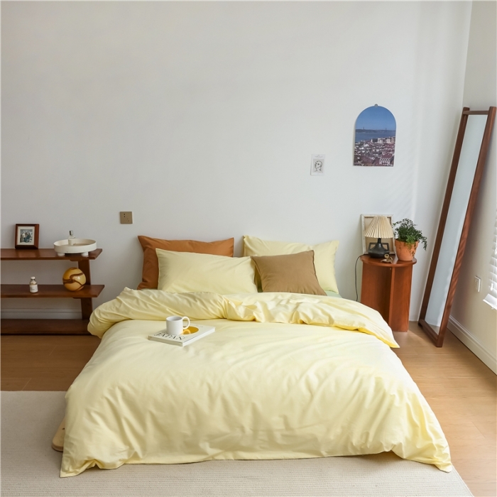 91家纺网 家纺一手货源 找家纺 棉眠2021新款全棉纯色撞色新款四件套-棚拍图小鸡黄+青草绿