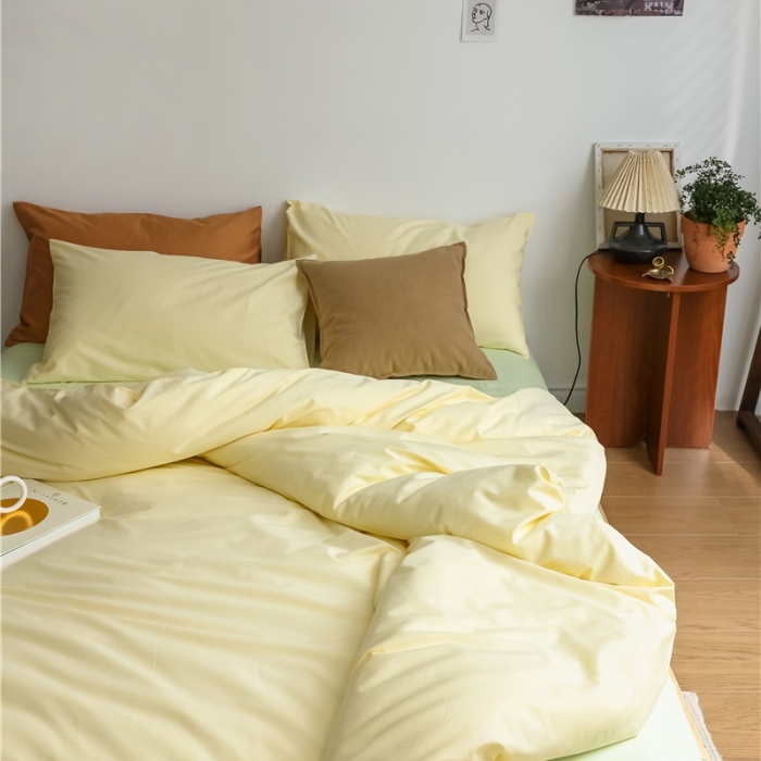 91家纺网 家纺一手货源 找家纺 棉眠2021新款全棉纯色撞色新款四件套-棚拍图小鸡黄+青草绿