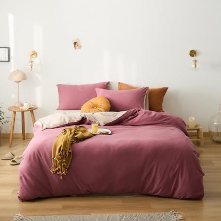 91家纺网 家纺一手货源 找家纺 原研家居 2021新款全棉针织棉纯色系列四件套 豆沙紫米咖