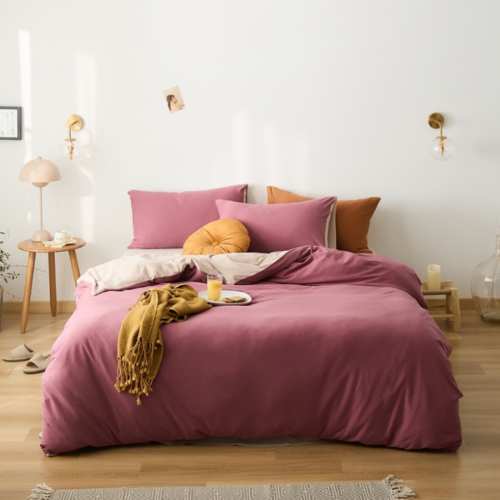 91家纺网 家纺一手货源 找家纺 原研家居 2021新款全棉针织棉纯色系列四件套 豆沙紫米咖