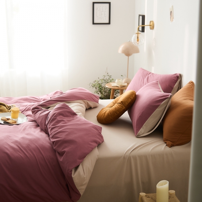 91家纺网 家纺一手货源 找家纺 原研家居 2021新款全棉针织棉纯色系列四件套 豆沙紫米咖