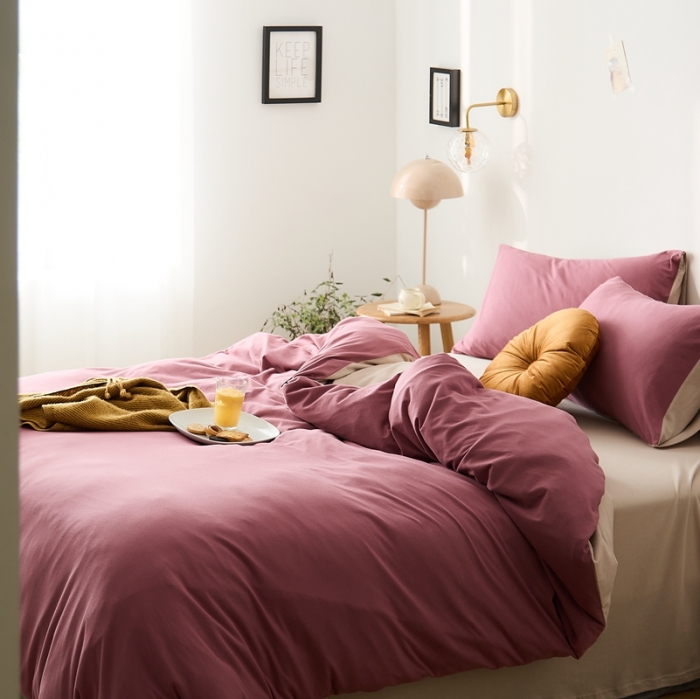 91家纺网 家纺一手货源 找家纺 原研家居 2021新款全棉针织棉纯色系列四件套 豆沙紫米咖