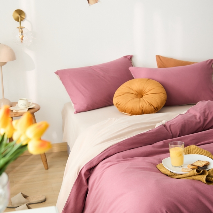 91家纺网 家纺一手货源 找家纺 原研家居 2021新款全棉针织棉纯色系列四件套 豆沙紫米咖