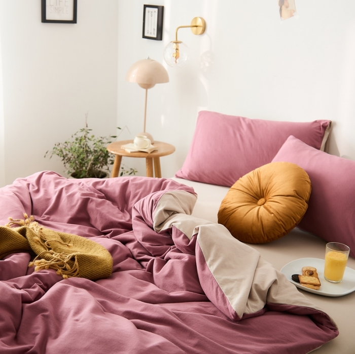 91家纺网 家纺一手货源 找家纺 原研家居 2021新款全棉针织棉纯色系列四件套 豆沙紫米咖