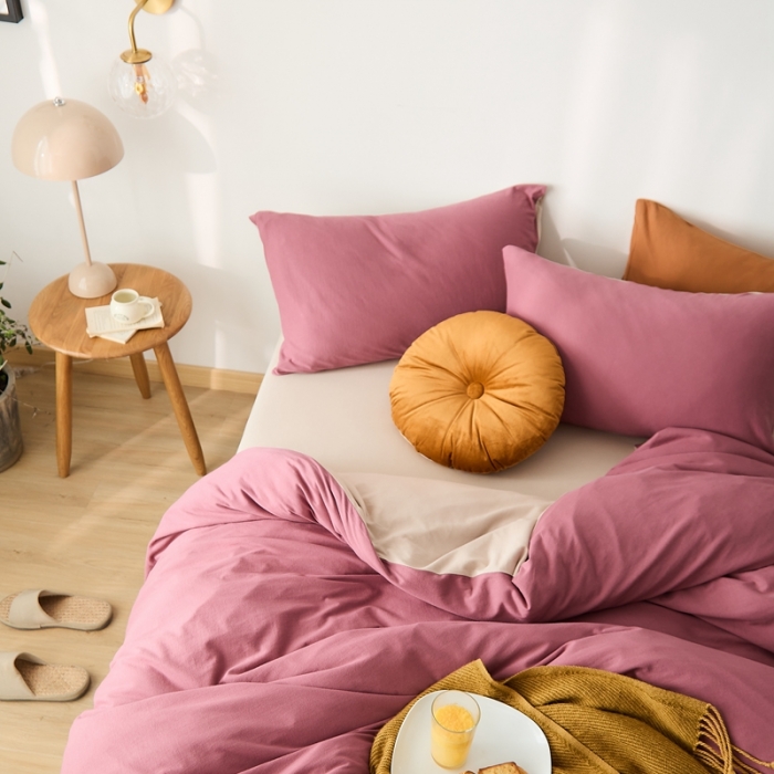 91家纺网 家纺一手货源 找家纺 原研家居 2021新款全棉针织棉纯色系列四件套 豆沙紫米咖