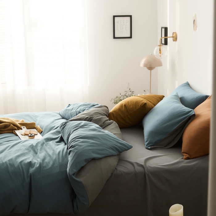 91家纺网 家纺一手货源 找家纺 原研家居 2021新款全棉针织棉纯色系列四件套 雾霾蓝中灰