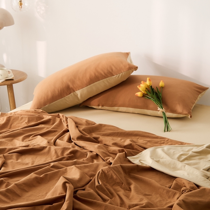 91家纺网 家纺一手货源 找家纺 原研家居 2021新款全棉针织棉纯色系列四件套 焦糖色奶茶