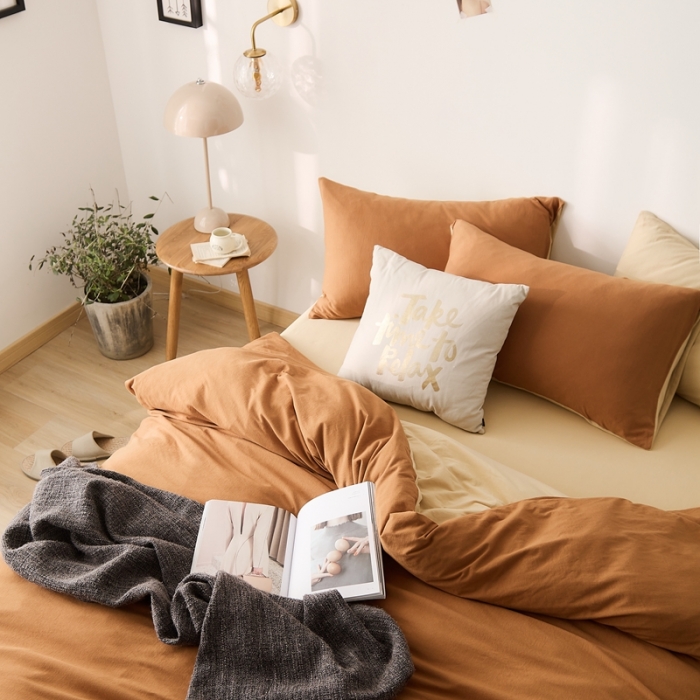 91家纺网 家纺一手货源 找家纺 原研家居 2021新款全棉针织棉纯色系列四件套 焦糖色奶茶