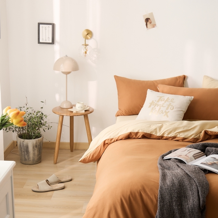 91家纺网 家纺一手货源 找家纺 原研家居 2021新款全棉针织棉纯色系列四件套 焦糖色奶茶