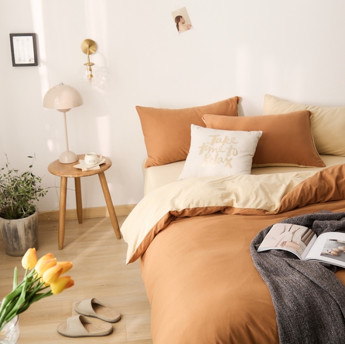 91家纺网 家纺一手货源 找家纺 原研家居 2021新款全棉针织棉纯色系列四件套 焦糖色奶茶