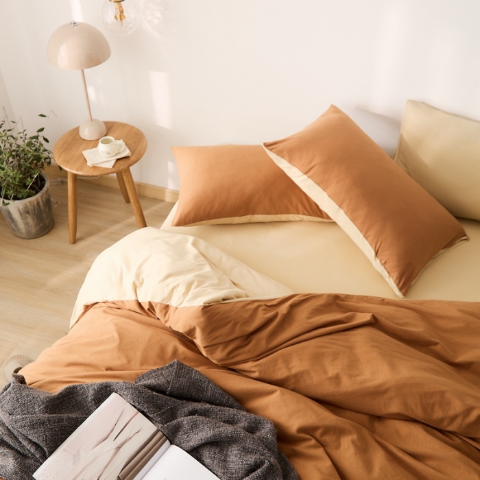 91家纺网 家纺一手货源 找家纺 原研家居 2021新款全棉针织棉纯色系列四件套 焦糖色奶茶