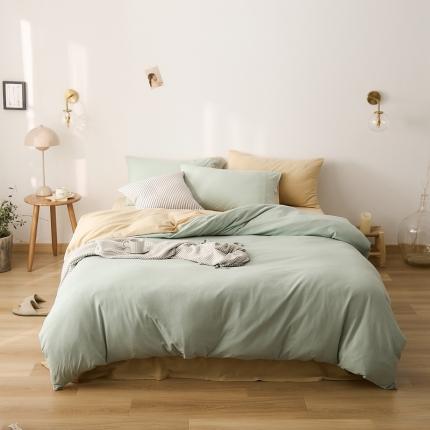 91家纺网 家纺一手货源 找家纺 原研家居 2021新款全棉针织棉纯色系列四件套 薄荷绿奶茶