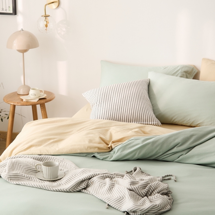 91家纺网 家纺一手货源 找家纺 原研家居 2021新款全棉针织棉纯色系列四件套 薄荷绿奶茶