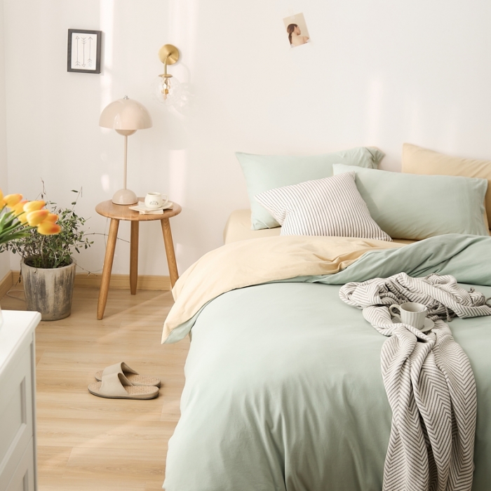 91家纺网 家纺一手货源 找家纺 原研家居 2021新款全棉针织棉纯色系列四件套 薄荷绿奶茶