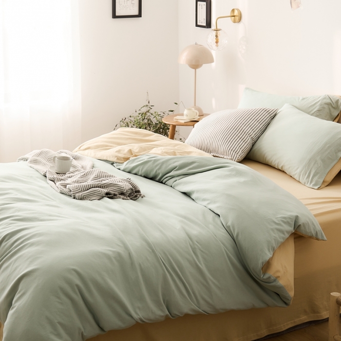 91家纺网 家纺一手货源 找家纺 原研家居 2021新款全棉针织棉纯色系列四件套 薄荷绿奶茶