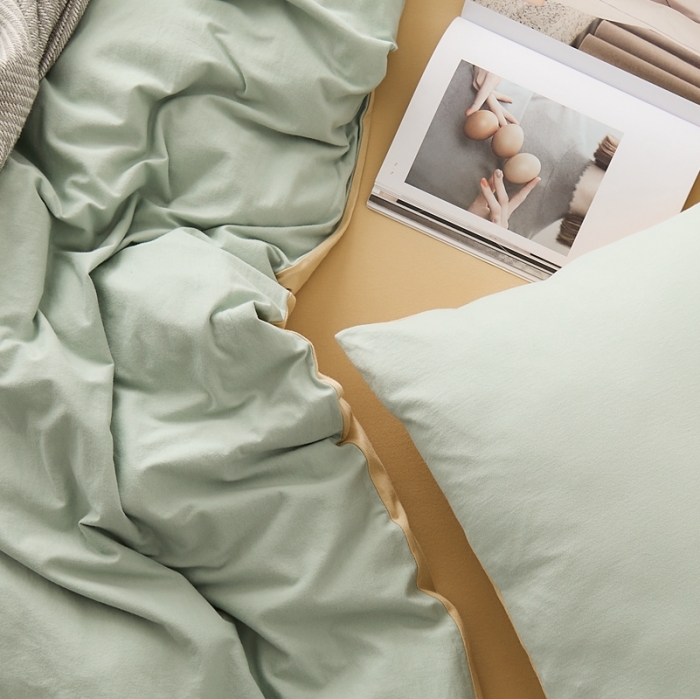 91家纺网 家纺一手货源 找家纺 原研家居 2021新款全棉针织棉纯色系列四件套 薄荷绿奶茶