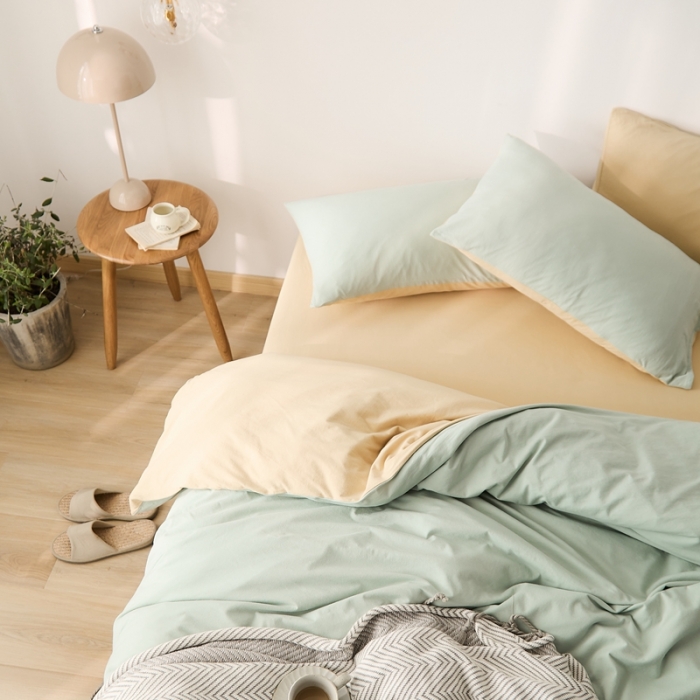 91家纺网 家纺一手货源 找家纺 原研家居 2021新款全棉针织棉纯色系列四件套 薄荷绿奶茶