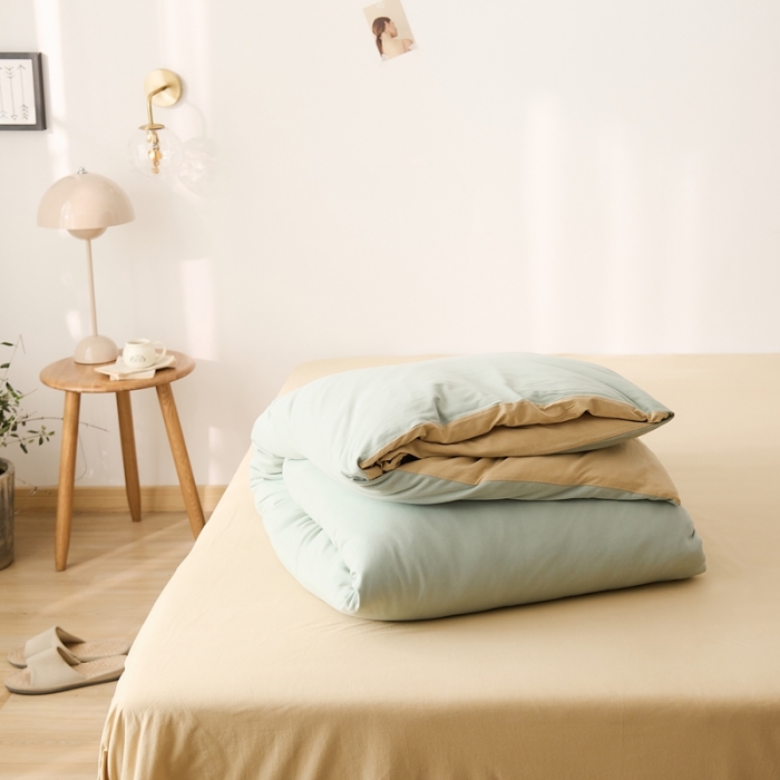 91家纺网 家纺一手货源 找家纺 原研家居 2021新款全棉针织棉纯色系列四件套 薄荷绿奶茶