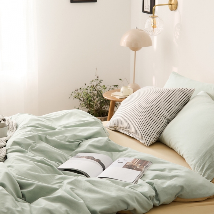 91家纺网 家纺一手货源 找家纺 原研家居 2021新款全棉针织棉纯色系列四件套 薄荷绿奶茶