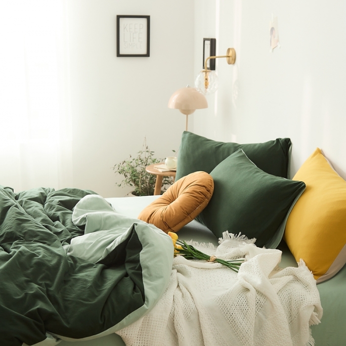 91家纺网 家纺一手货源 找家纺 原研家居 2021新款全棉针织棉纯色系列四件套 森林绿薄荷