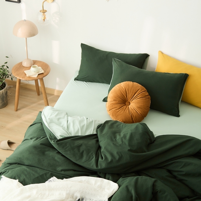 91家纺网 家纺一手货源 找家纺 原研家居 2021新款全棉针织棉纯色系列四件套 森林绿薄荷