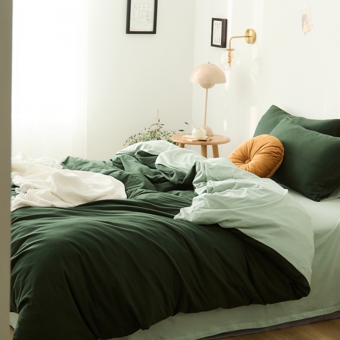 91家纺网 家纺一手货源 找家纺 原研家居 2021新款全棉针织棉纯色系列四件套 森林绿薄荷