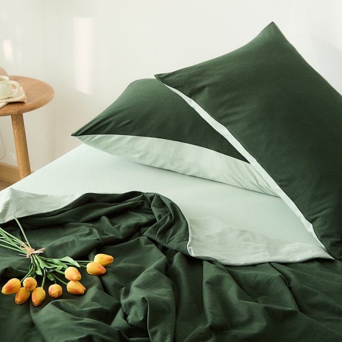 91家纺网 家纺一手货源 找家纺 原研家居 2021新款全棉针织棉纯色系列四件套 森林绿薄荷