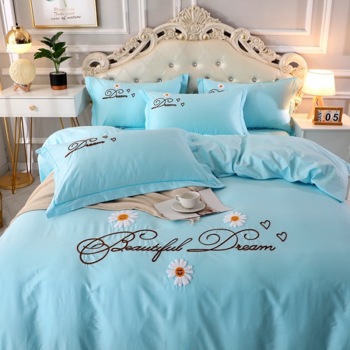 91家纺网 家纺一手货源 找家纺 晶缦家纺 美梦雏菊全棉13372毛巾绣四件套 美梦雏菊-天蓝